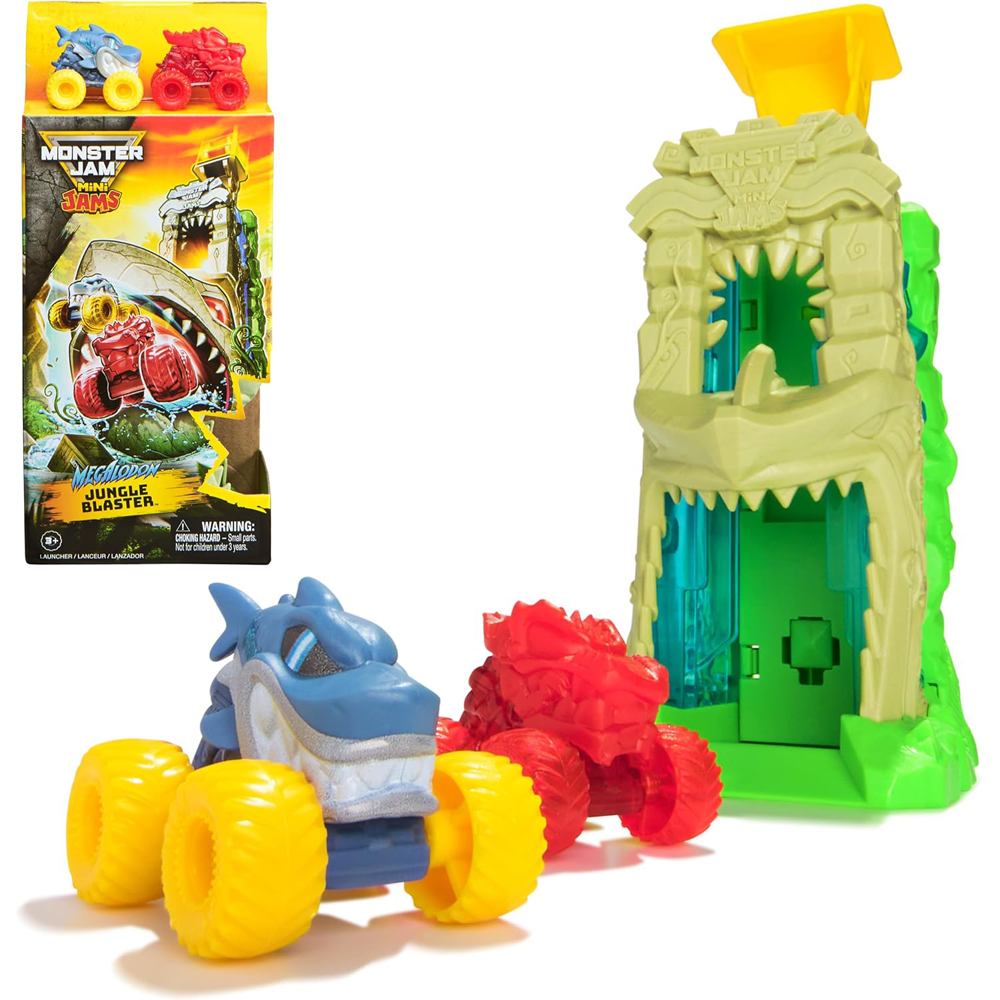 Monster Jam Mini Jams Megalodon Jungle Blaster - Lanzador con 2 Camiones Exclusivos